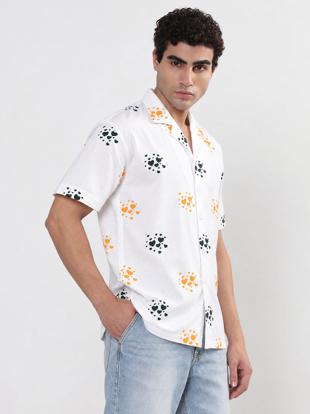 Men’s Graphic Printed White Relaxed Fit Short Sleeves Shirt
