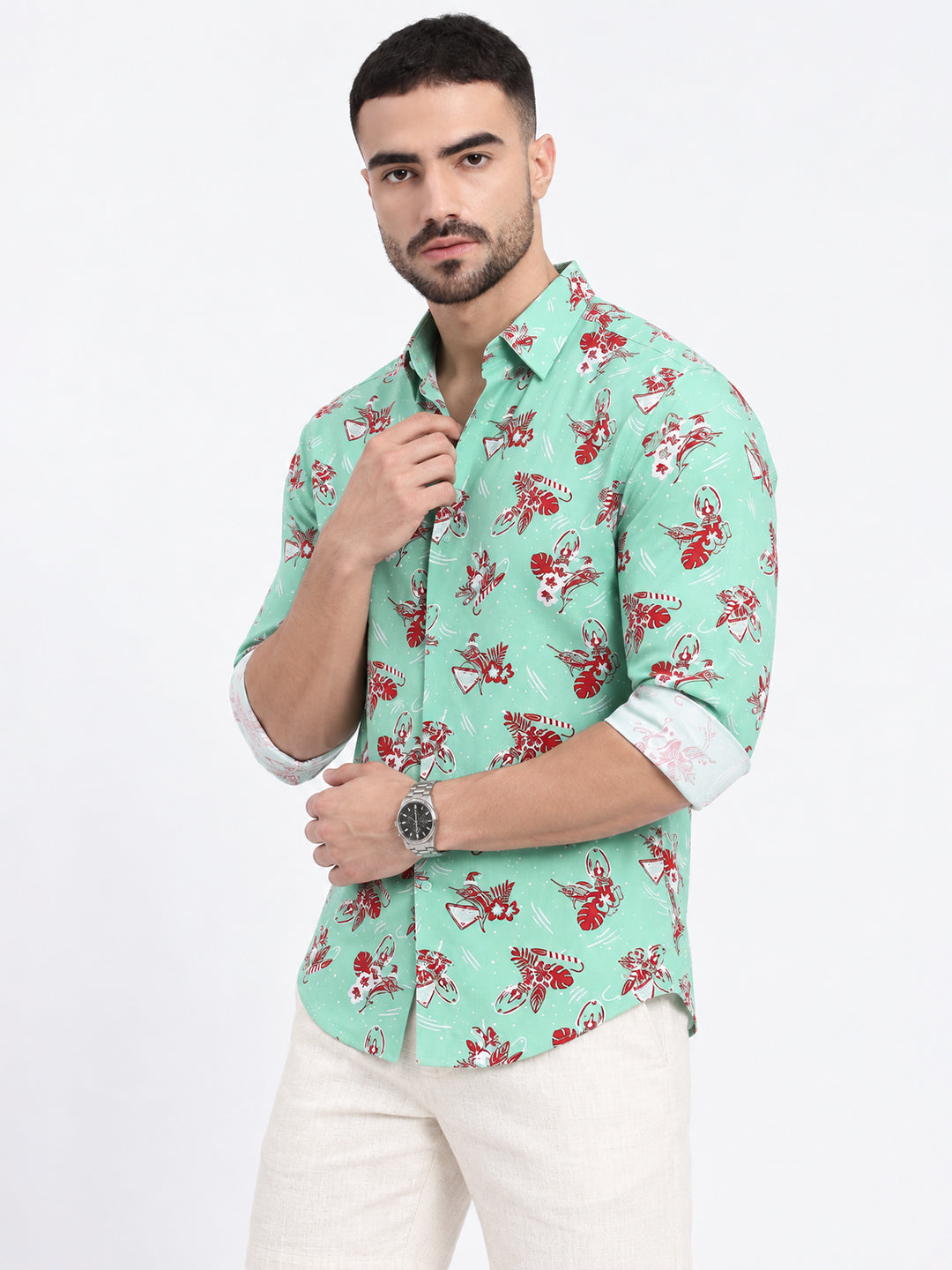 Men’s Floral Printed Green Slim Fit Long Sleeves Shirt