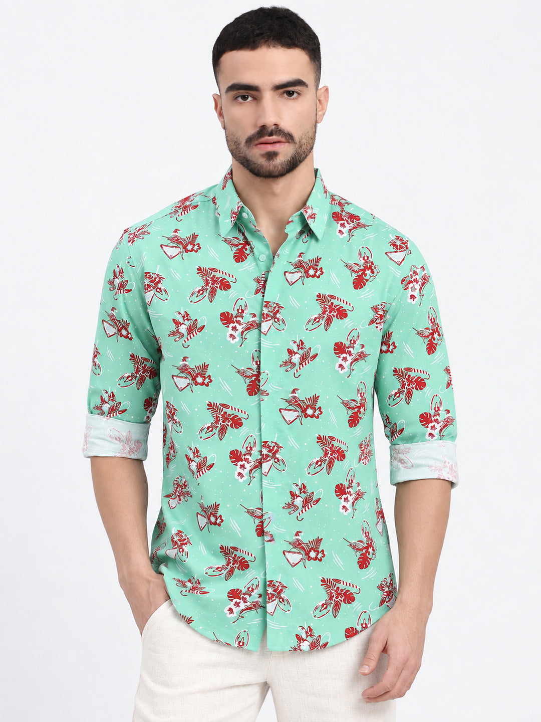 Men’s Floral Printed Green Slim Fit Long Sleeves Shirt