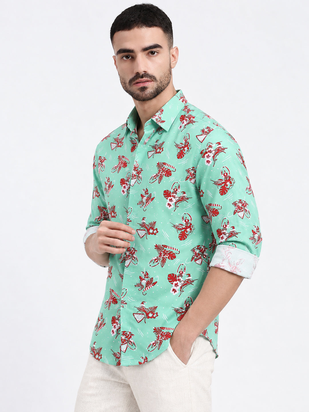 Men’s Floral Printed Green Slim Fit Long Sleeves Shirt