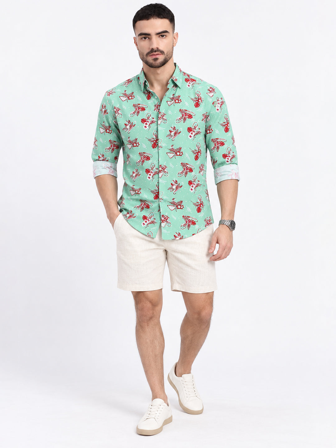 Men’s Floral Printed Green Slim Fit Long Sleeves Shirt