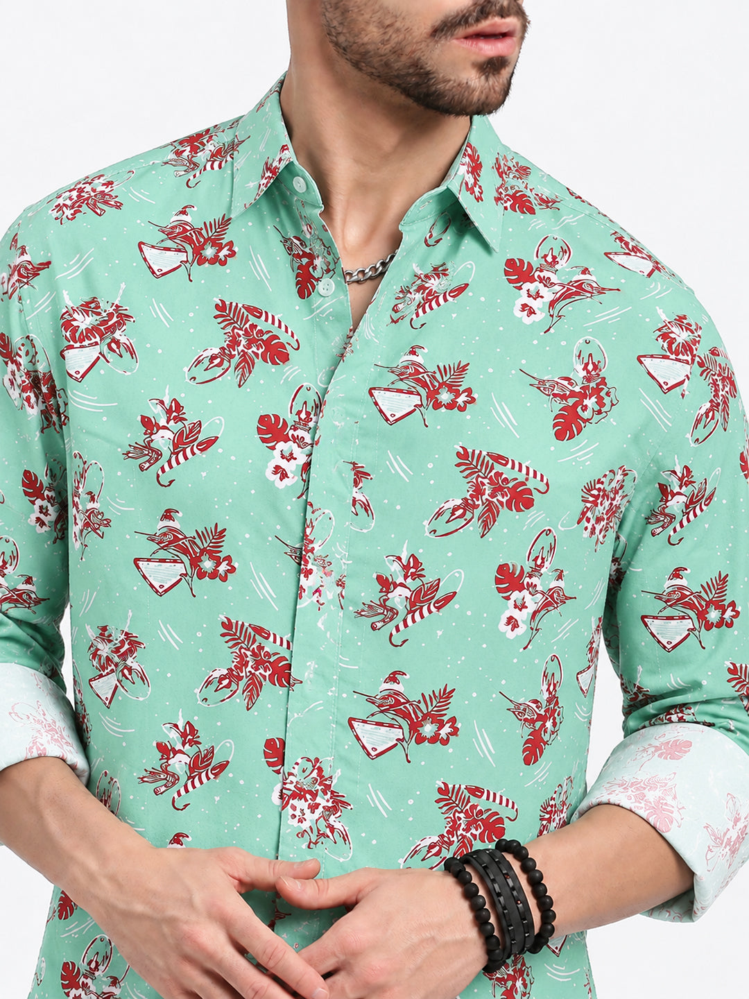 Men’s Floral Printed Green Slim Fit Long Sleeves Shirt