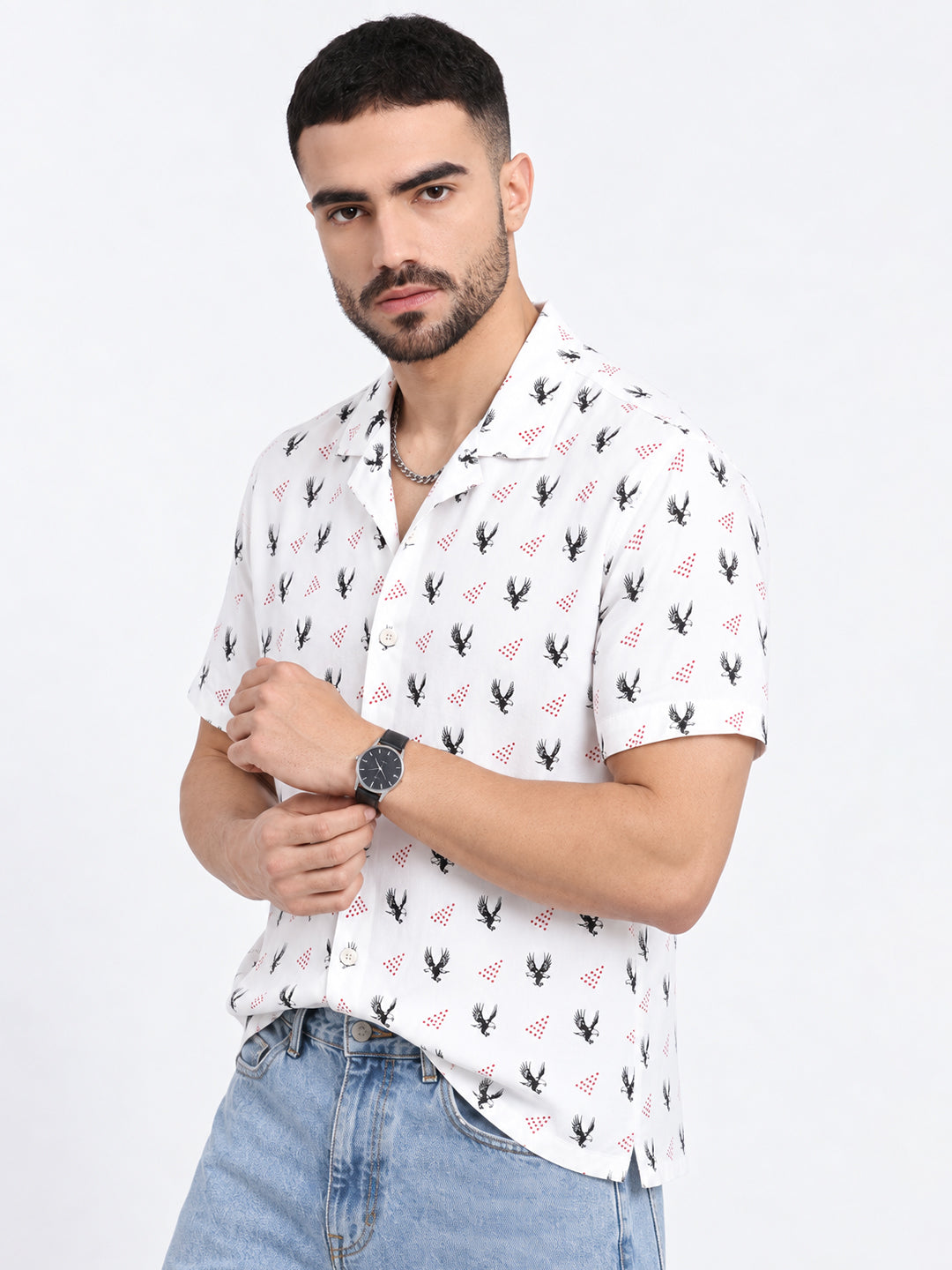 Men’s Animal Printed White Relaxed Fit Short Sleeves Shirt
