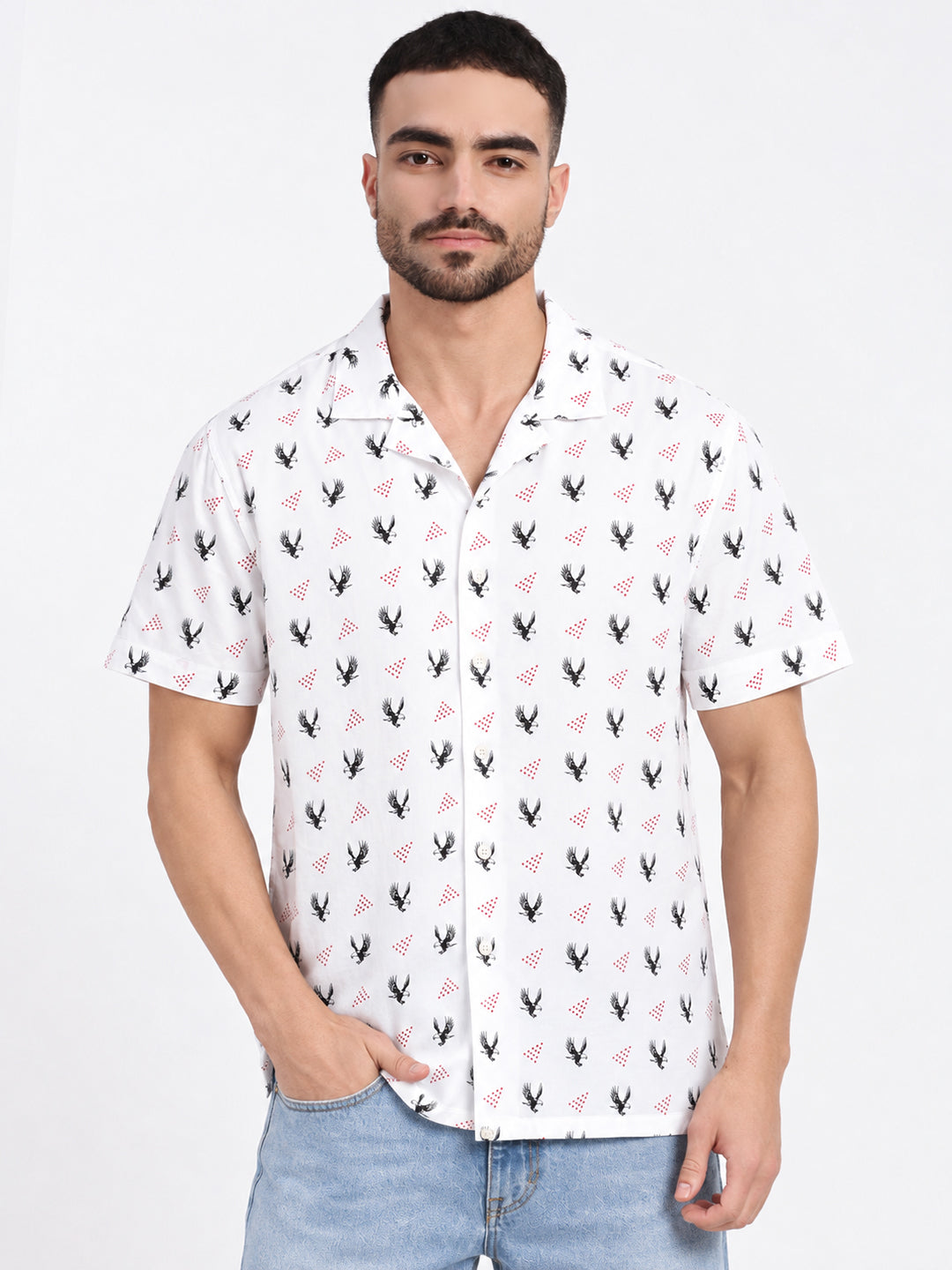 Men’s Animal Printed White Relaxed Fit Short Sleeves Shirt