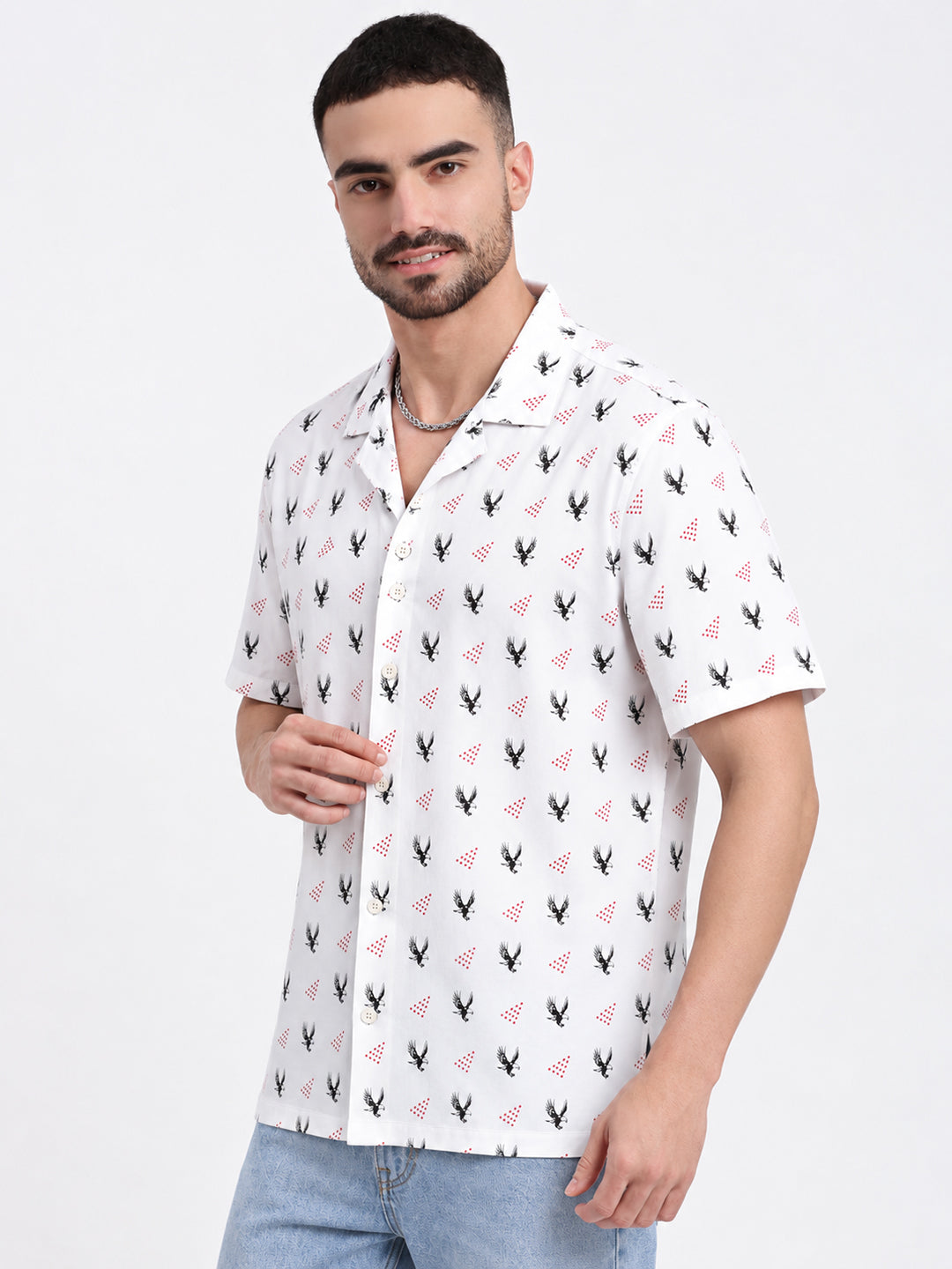 Men’s Animal Printed White Relaxed Fit Short Sleeves Shirt