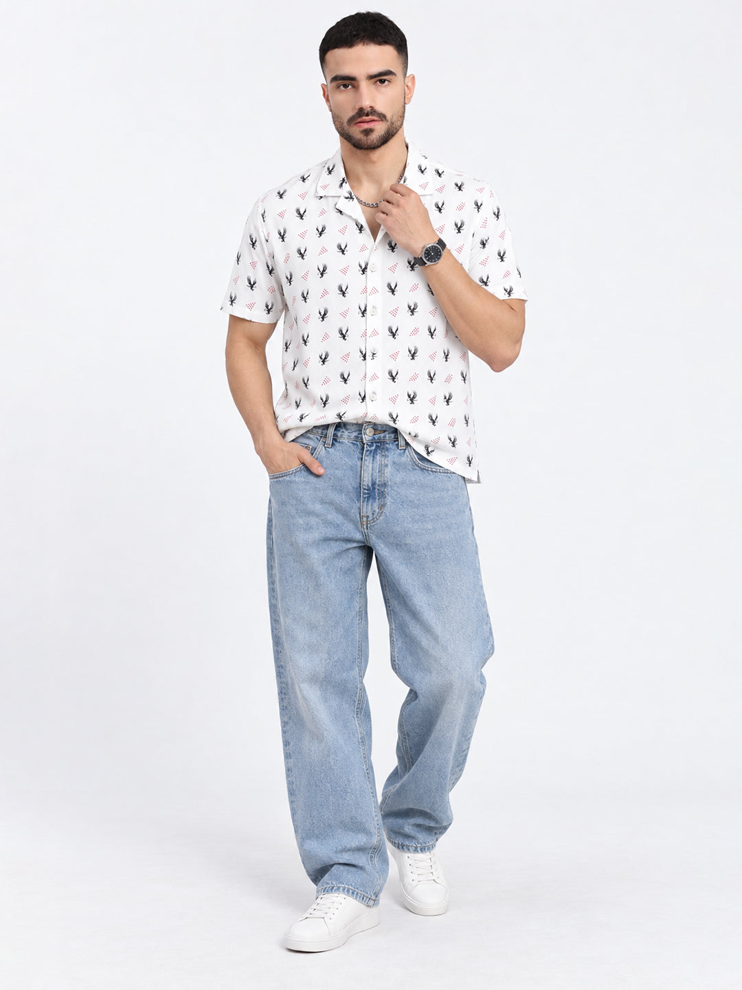 Men’s Animal Printed White Relaxed Fit Short Sleeves Shirt