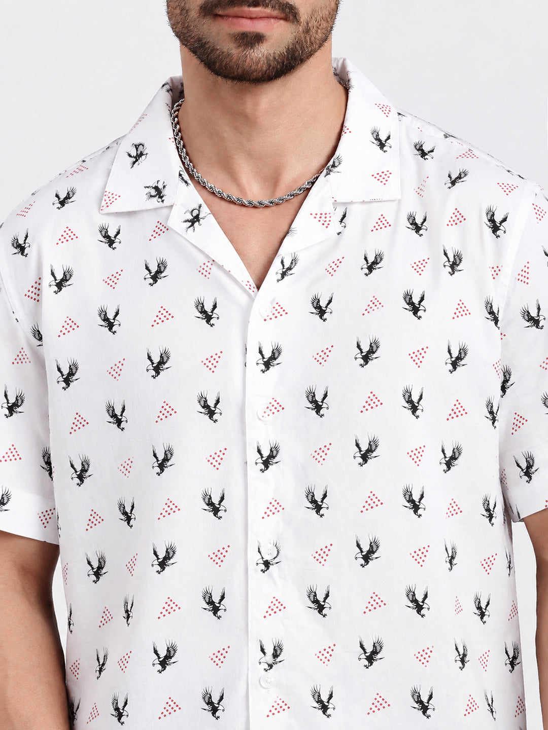 Men’s Animal Printed White Relaxed Fit Short Sleeves Shirt