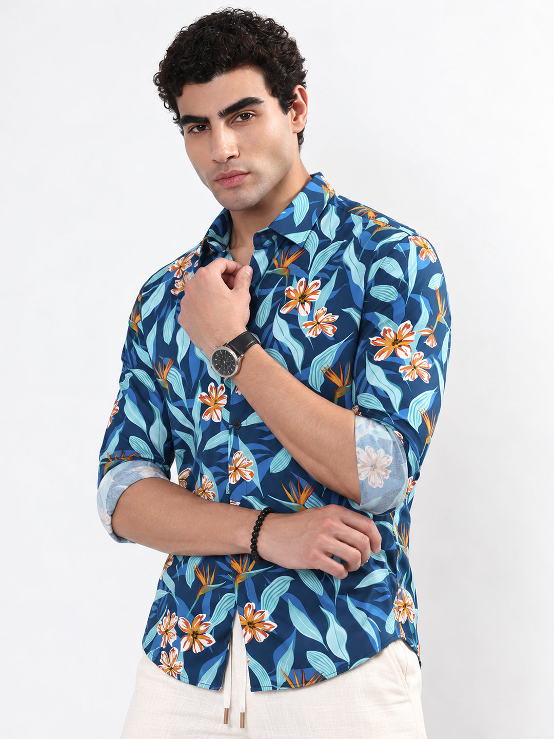 Men’s Floral Printed Blue Slim Fit Long Sleeves Shirt