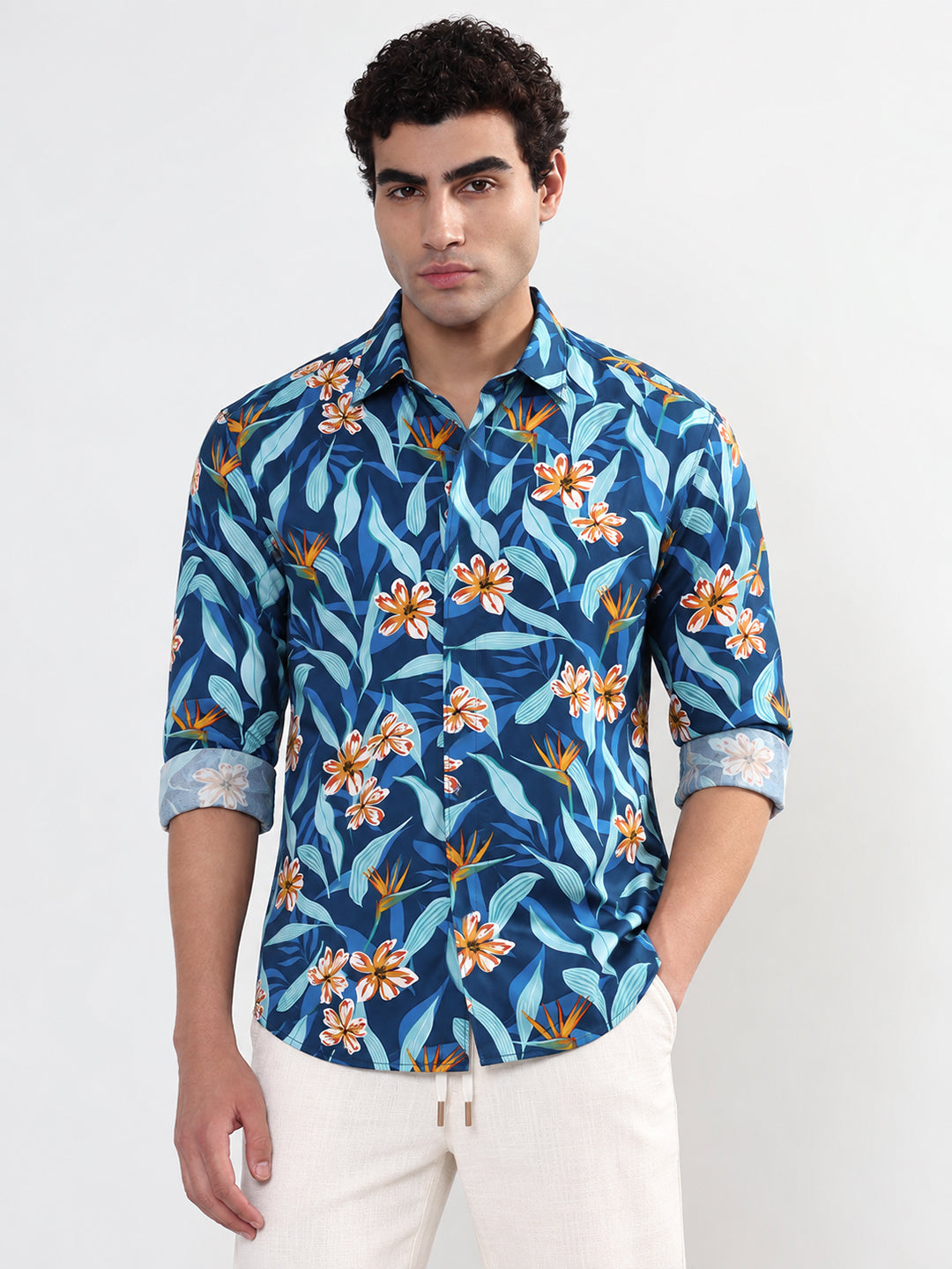 Men’s Floral Printed Blue Slim Fit Long Sleeves Shirt