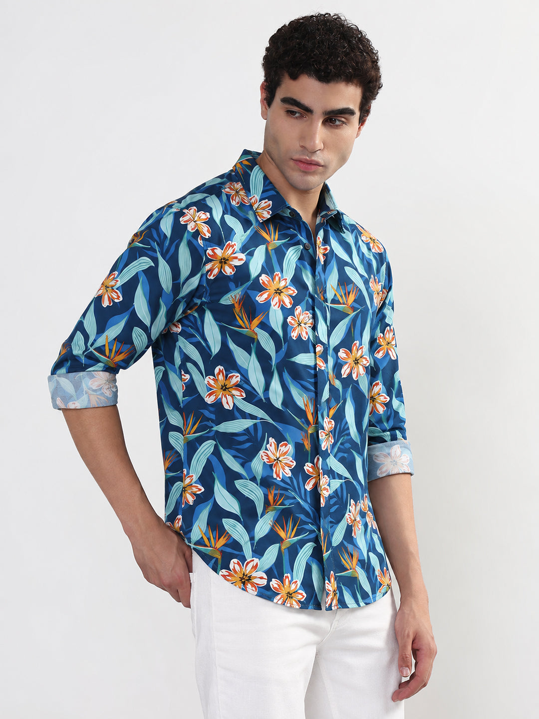 Men’s Floral Printed Blue Slim Fit Long Sleeves Shirt