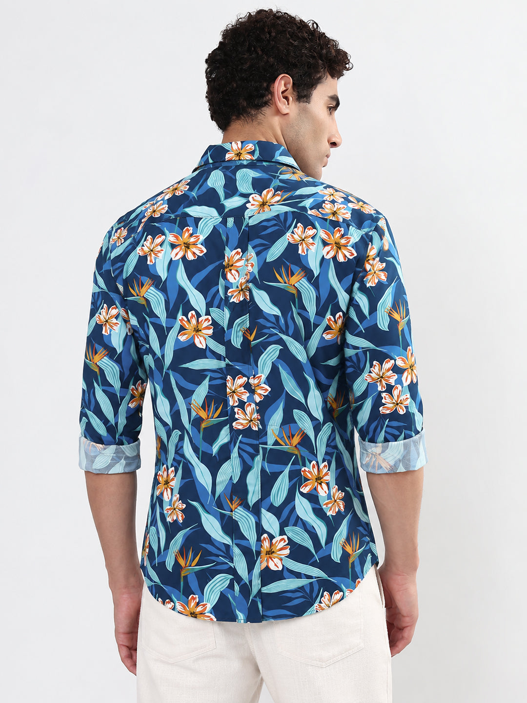 Men’s Floral Printed Blue Slim Fit Long Sleeves Shirt