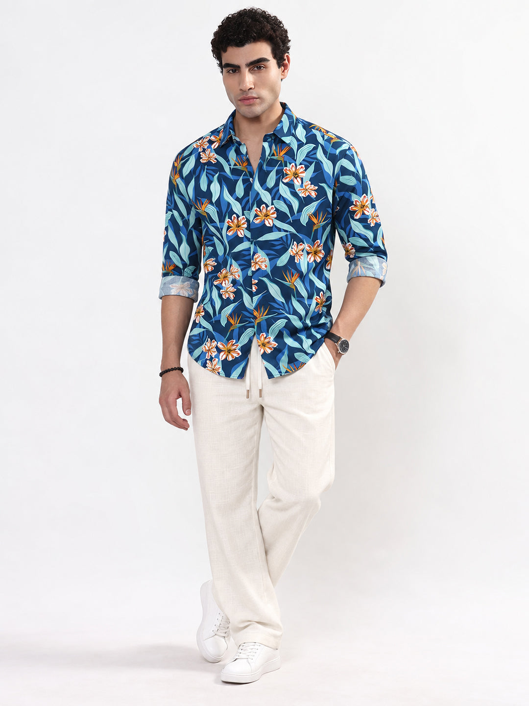 Men’s Floral Printed Blue Slim Fit Long Sleeves Shirt