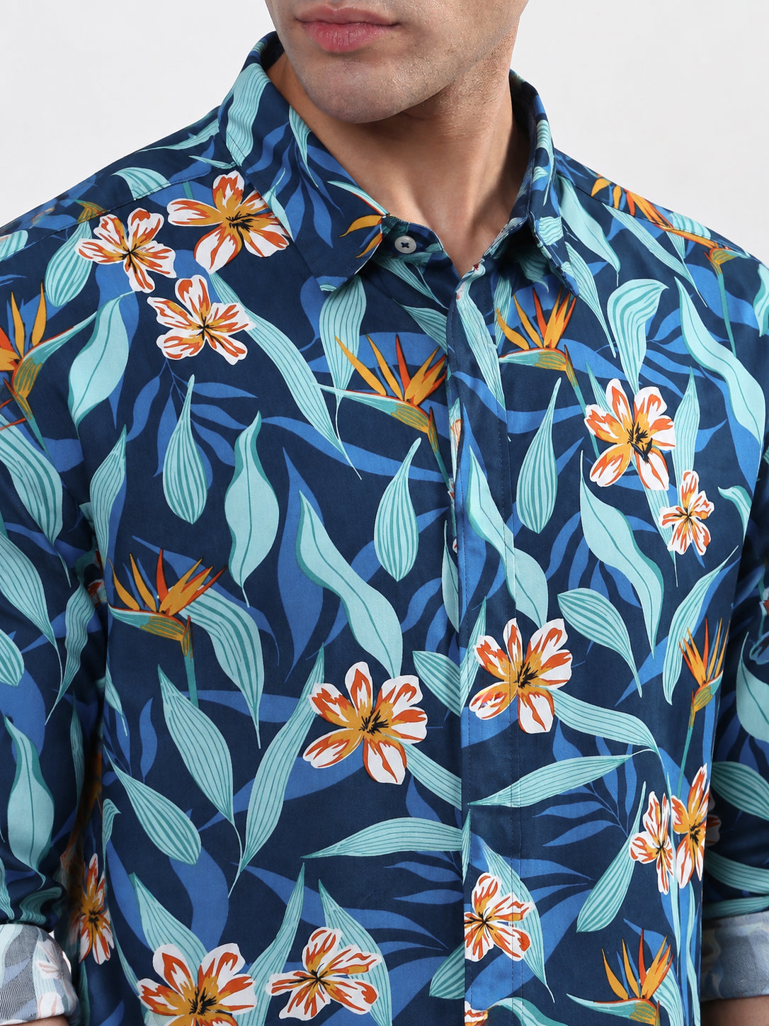 Men’s Floral Printed Blue Slim Fit Long Sleeves Shirt