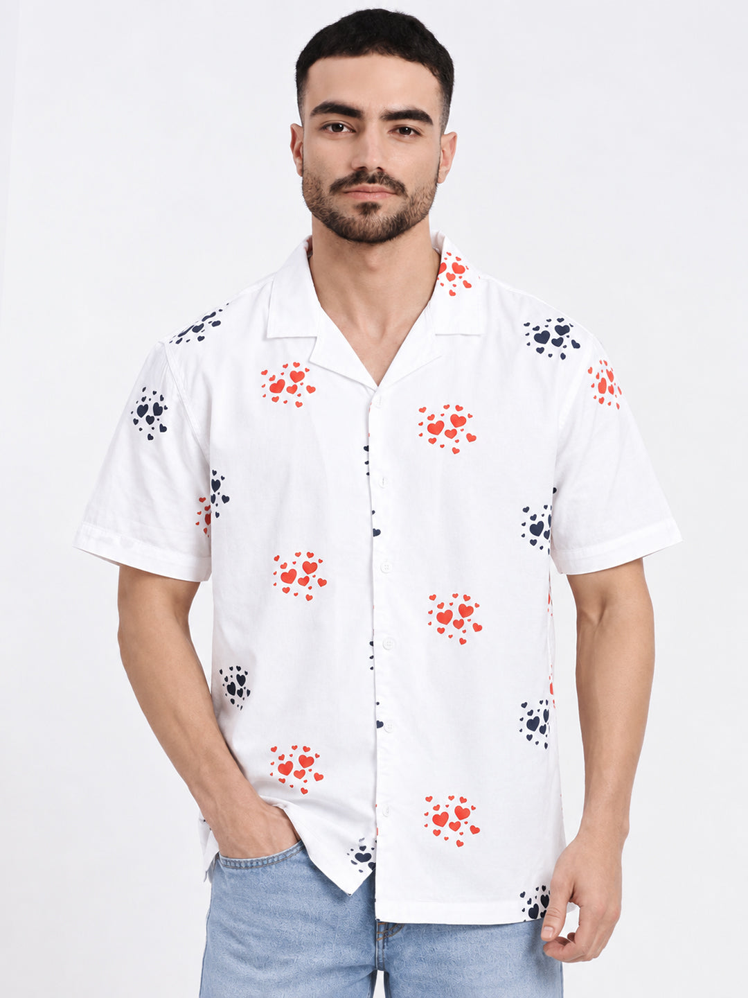 Men’s Graphic Printed White Relaxed Fit Short Sleeves Shirt