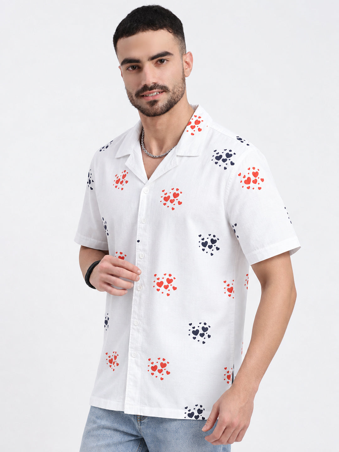 Men’s Graphic Printed White Relaxed Fit Short Sleeves Shirt