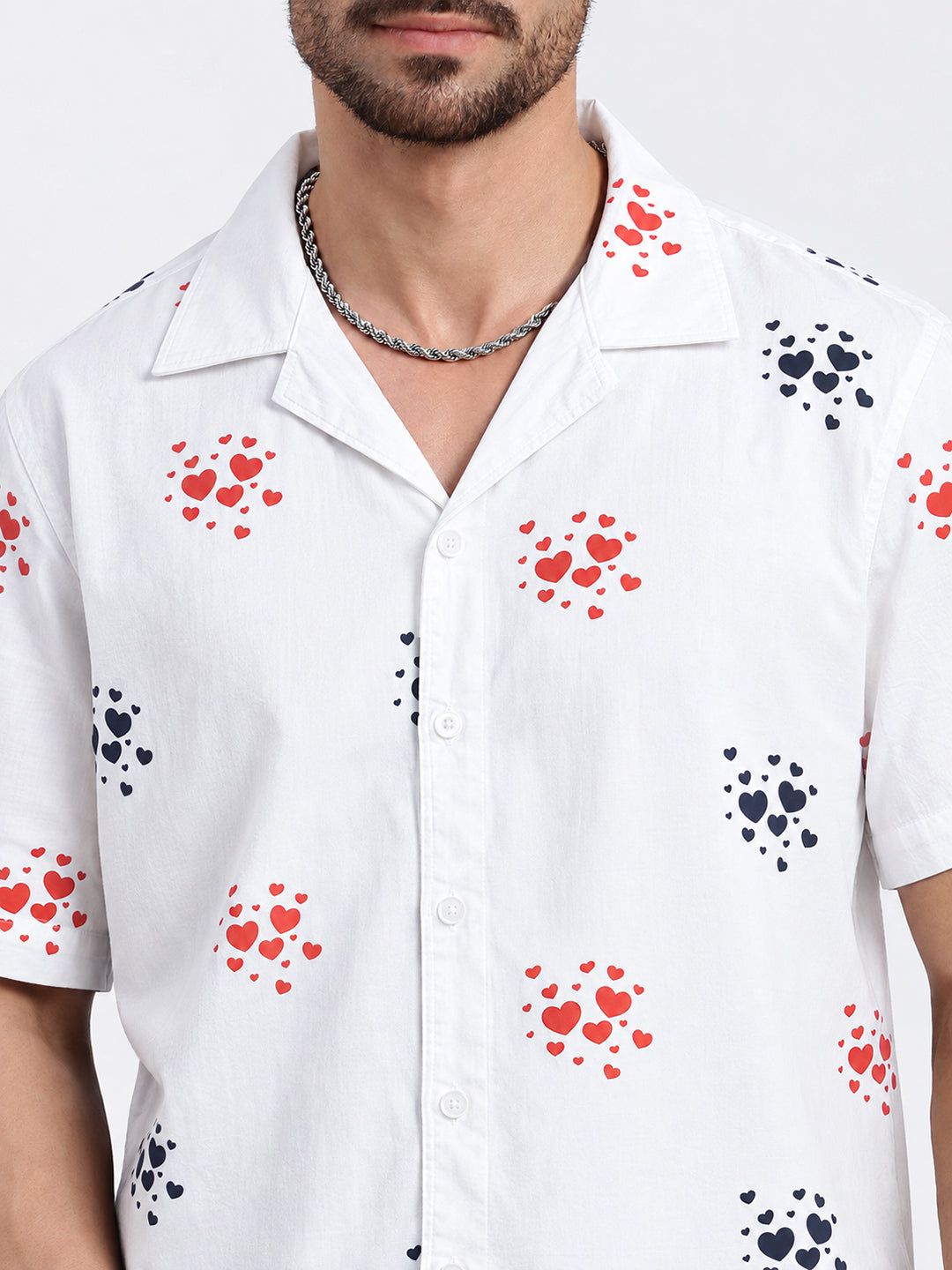 Men’s Graphic Printed White Relaxed Fit Short Sleeves Shirt