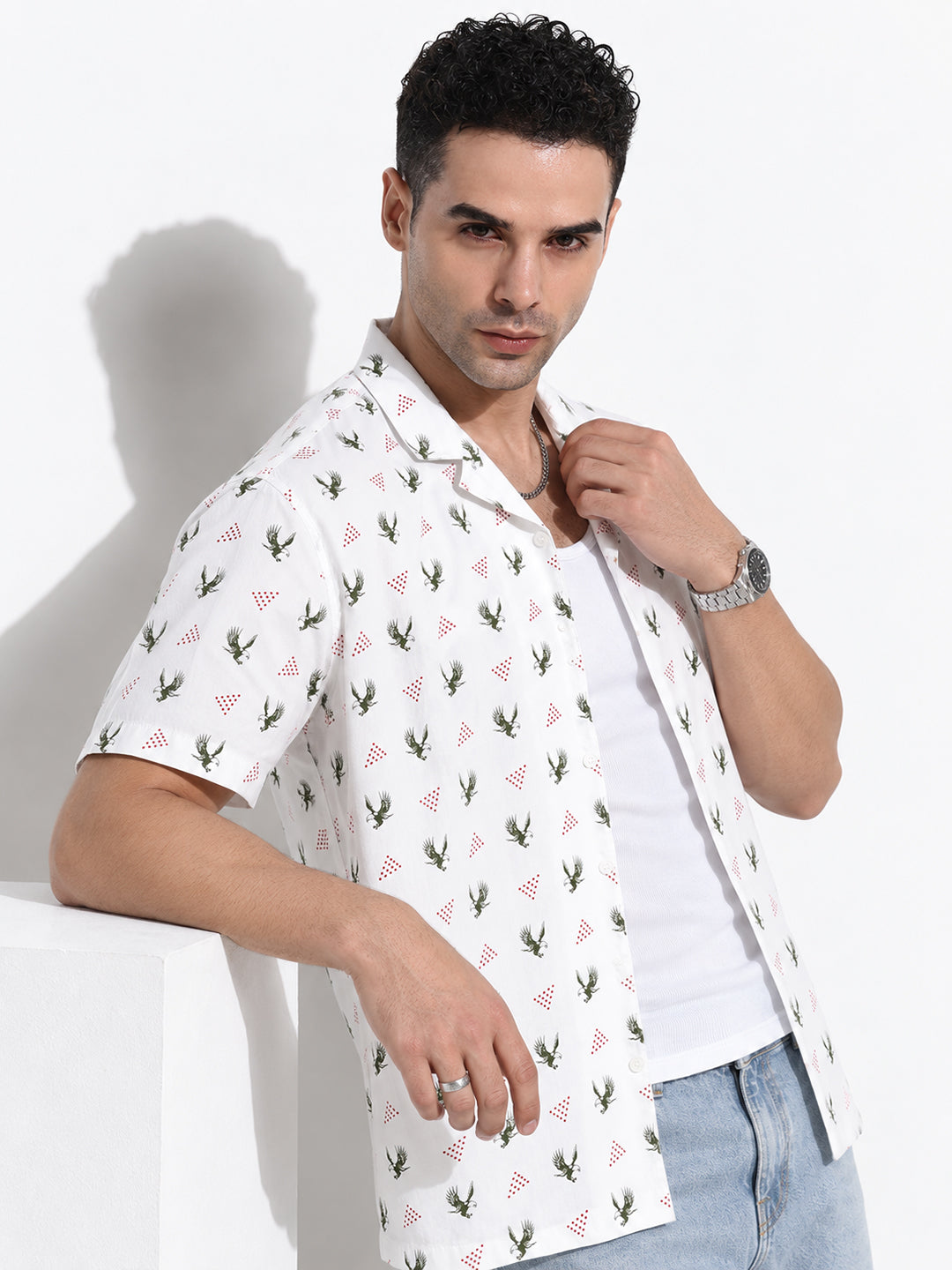 Men’s Printed White Relaxed Fit Short Sleeves Shirt