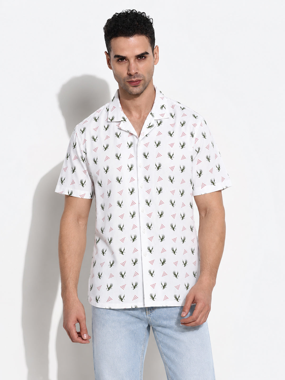 Men’s Printed White Relaxed Fit Short Sleeves Shirt