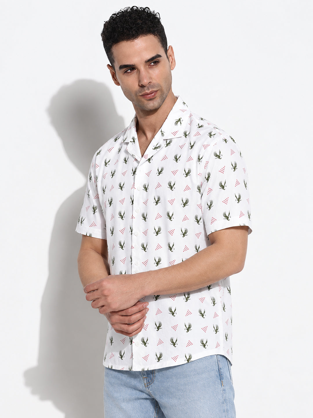 Men’s Printed White Relaxed Fit Short Sleeves Shirt