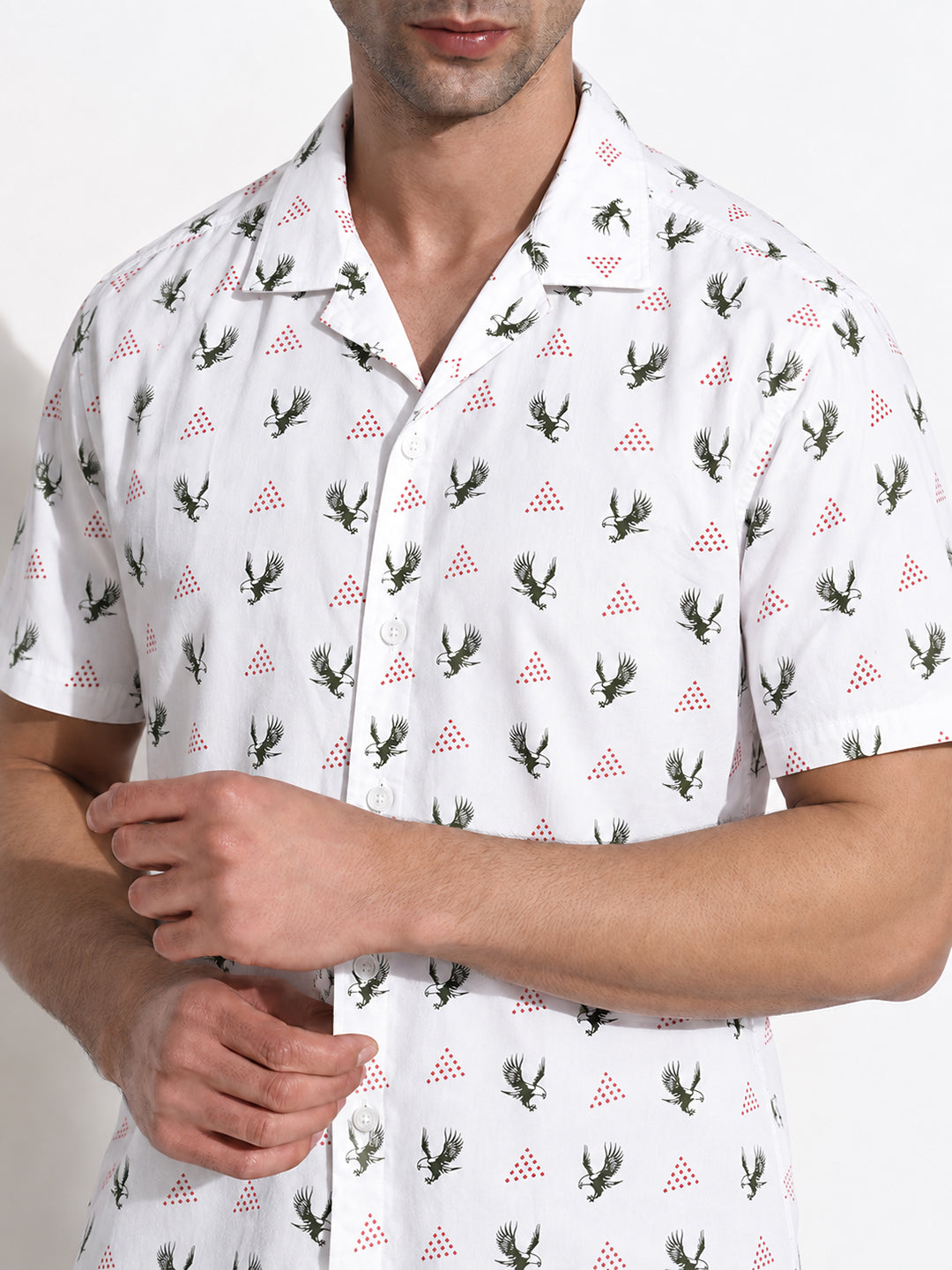 Men’s Printed White Relaxed Fit Short Sleeves Shirt