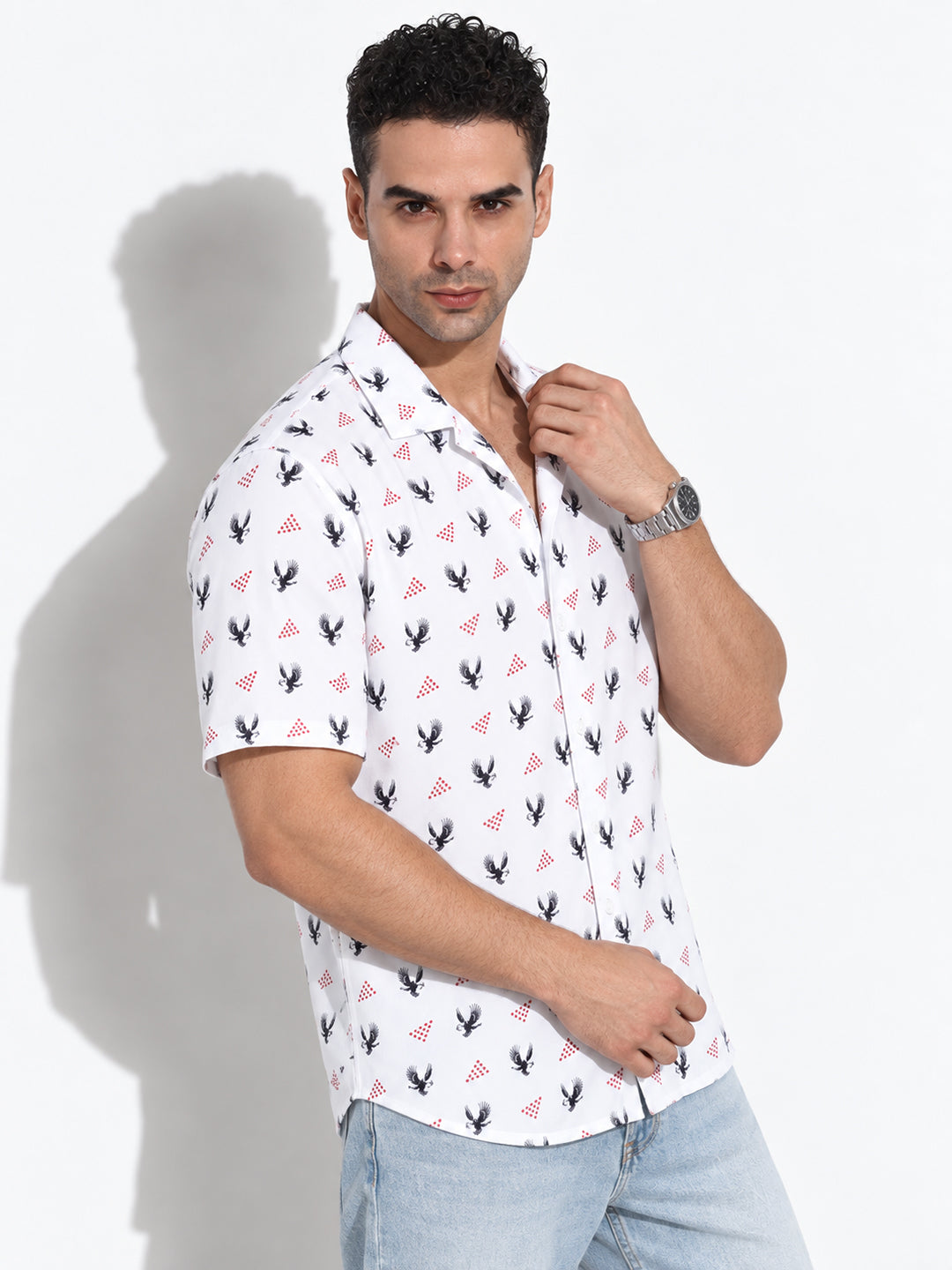 Men’s Printed White Relaxed Fit Short Sleeves Shirt