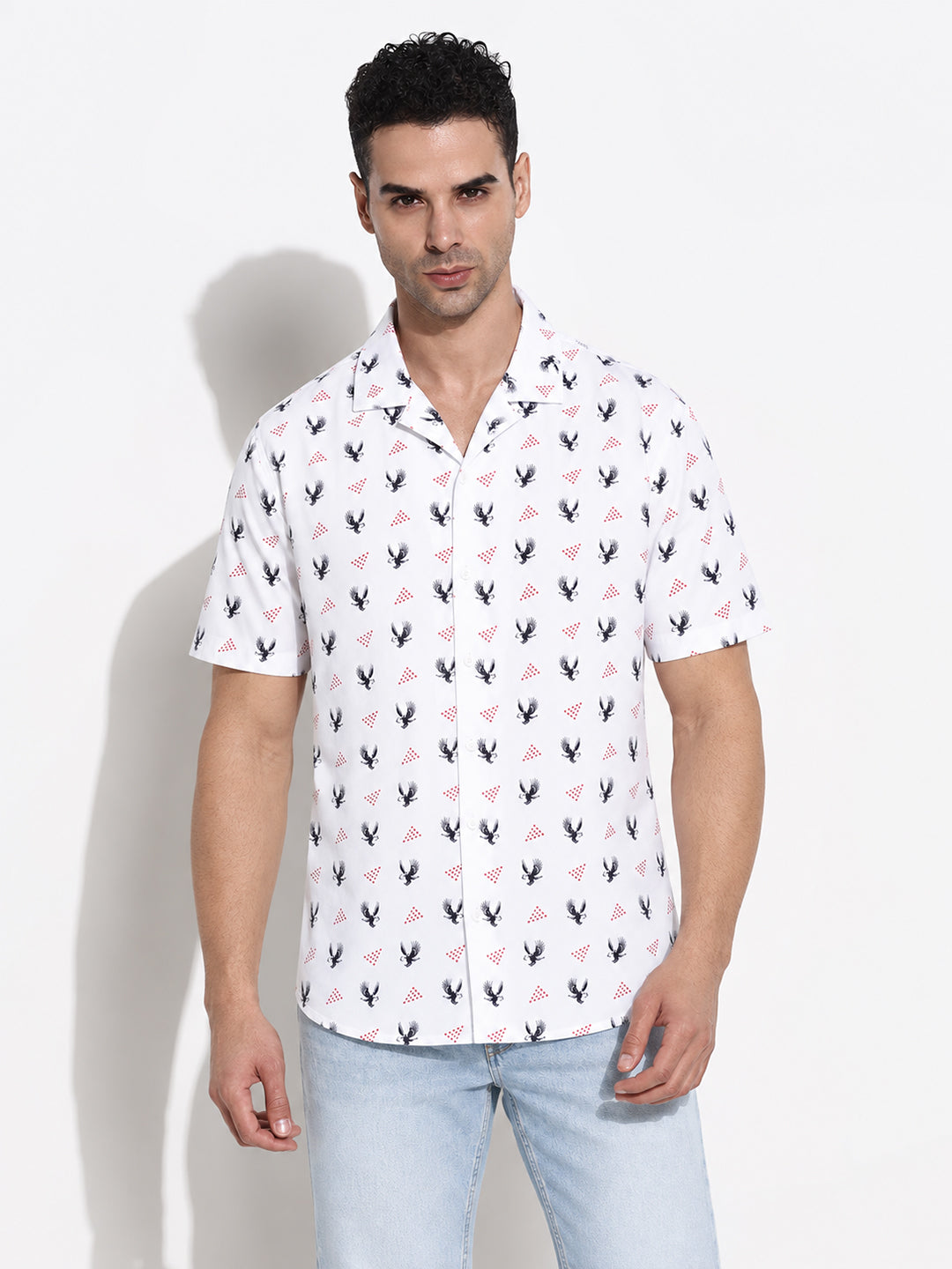 Men’s Printed White Relaxed Fit Short Sleeves Shirt