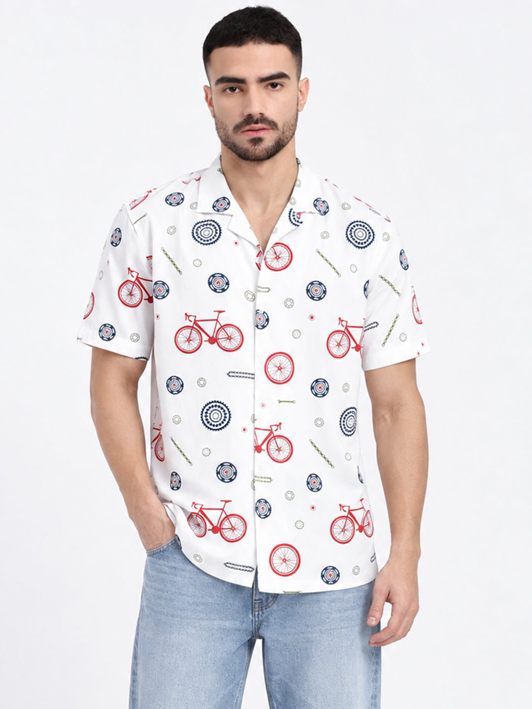 Men’s Graphic Printed White Relaxed Fit Short Sleeves Shirt