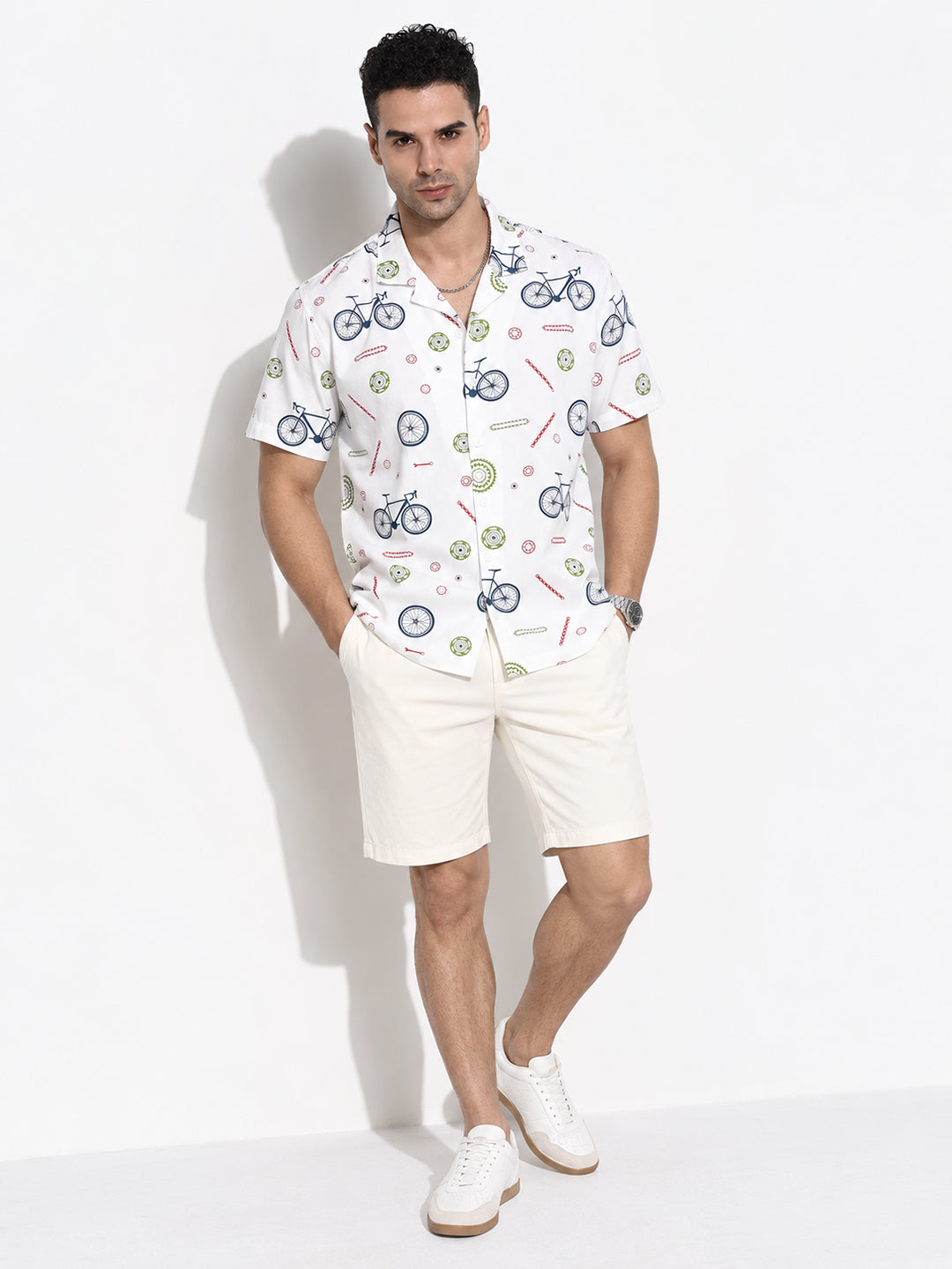 Men’s Graphic Printed White Relaxed Fit Short Sleeves Shirt