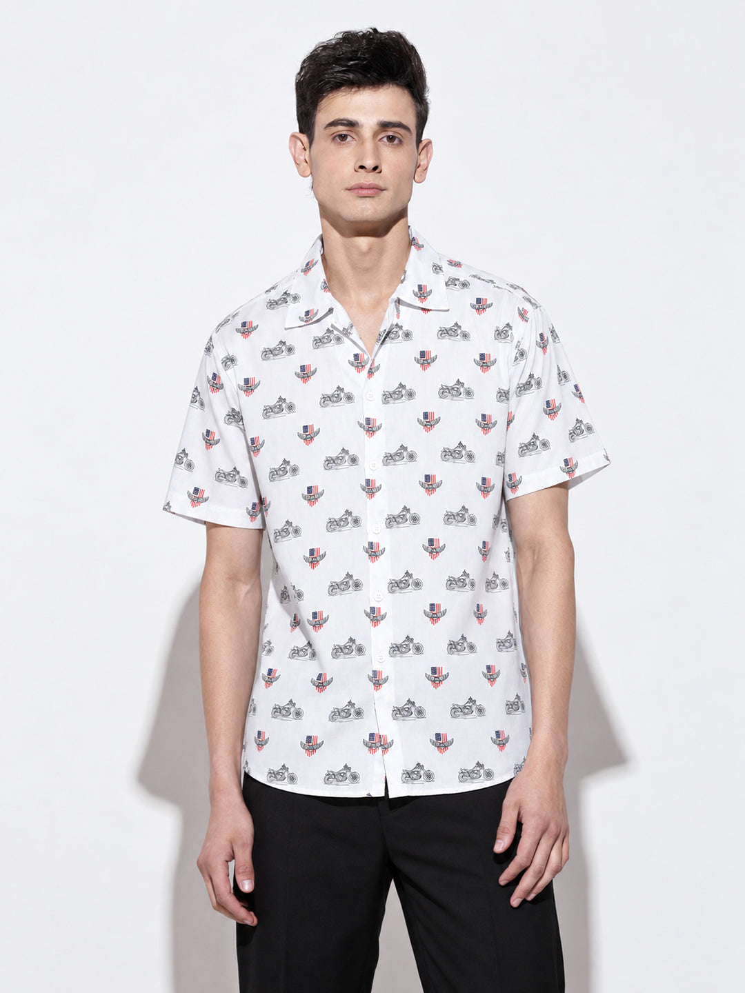 Men’s Graphic Printed White Relaxed Fit Short Sleeves Shirt