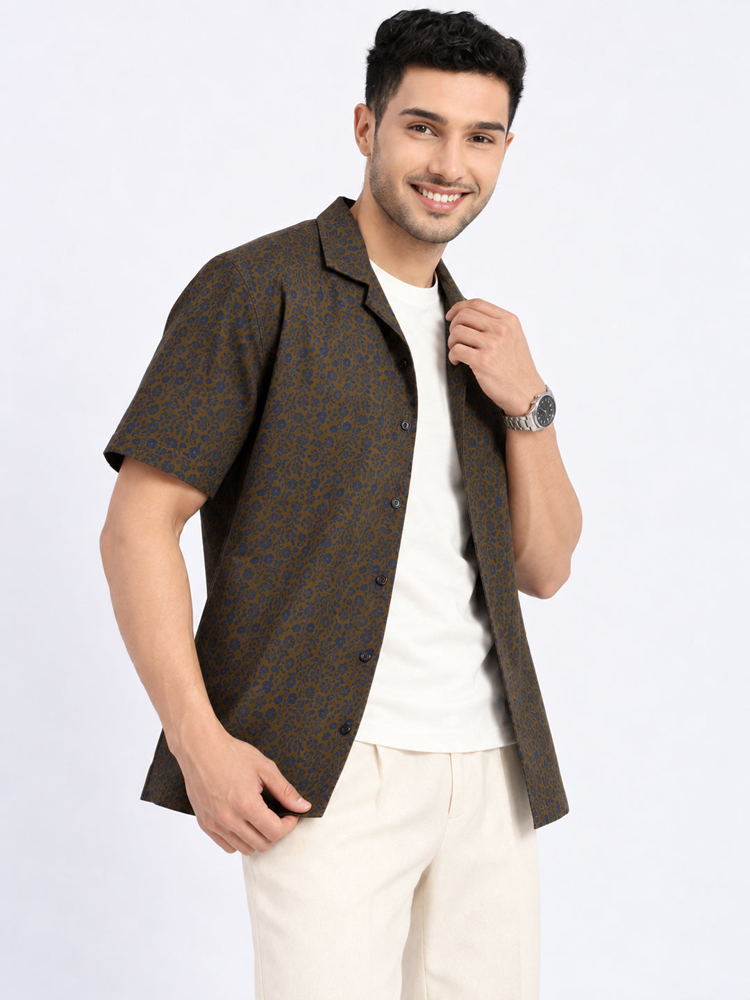 Men’s Printed Olive Relaxed Fit Short Sleeves Casual Shirt