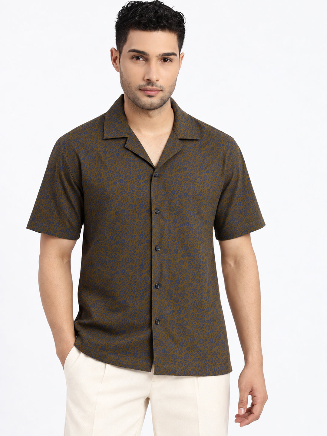 Men’s Printed Olive Relaxed Fit Short Sleeves Casual Shirt