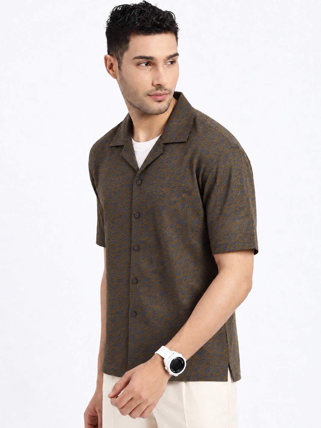 Men’s Printed Olive Relaxed Fit Short Sleeves Casual Shirt