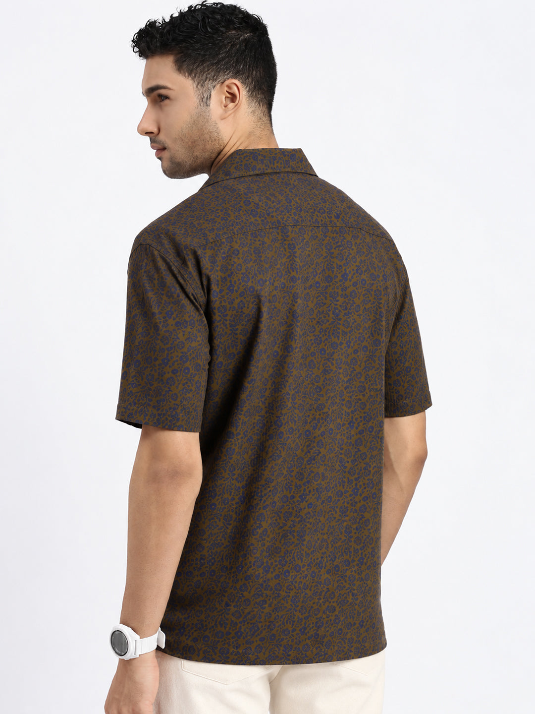 Men’s Printed Olive Relaxed Fit Short Sleeves Casual Shirt