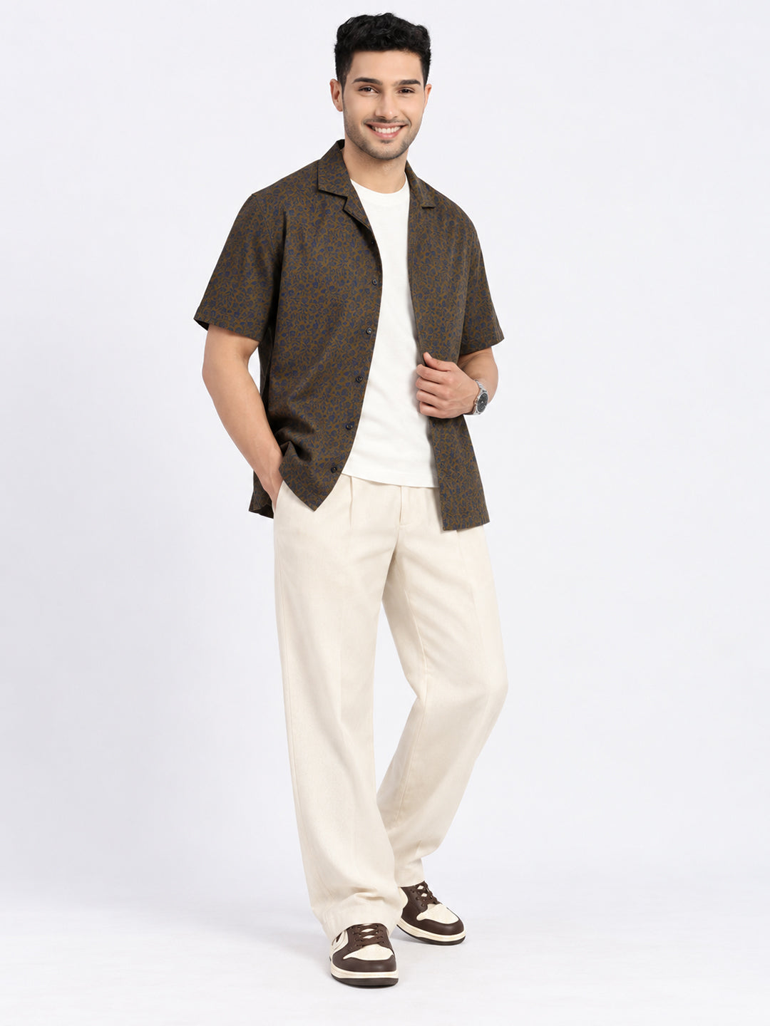 Men’s Printed Olive Relaxed Fit Short Sleeves Casual Shirt