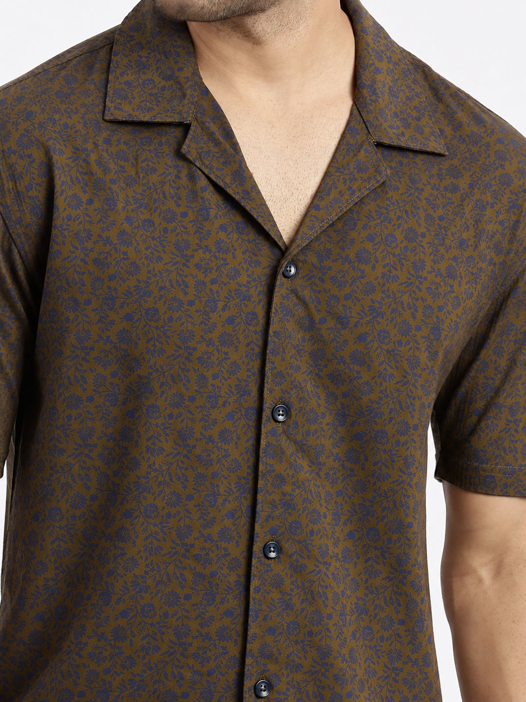 Men’s Printed Olive Relaxed Fit Short Sleeves Casual Shirt