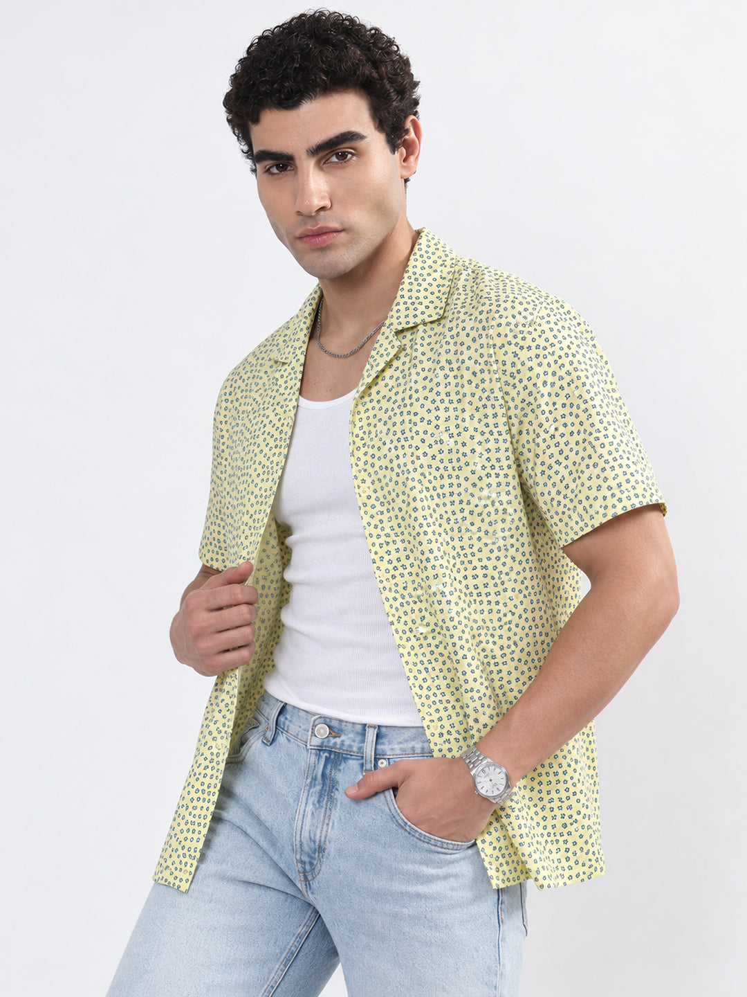 Men’s Floral Printed Yellow Relaxed Fit Cuban Collar Short Sleeves Shirt