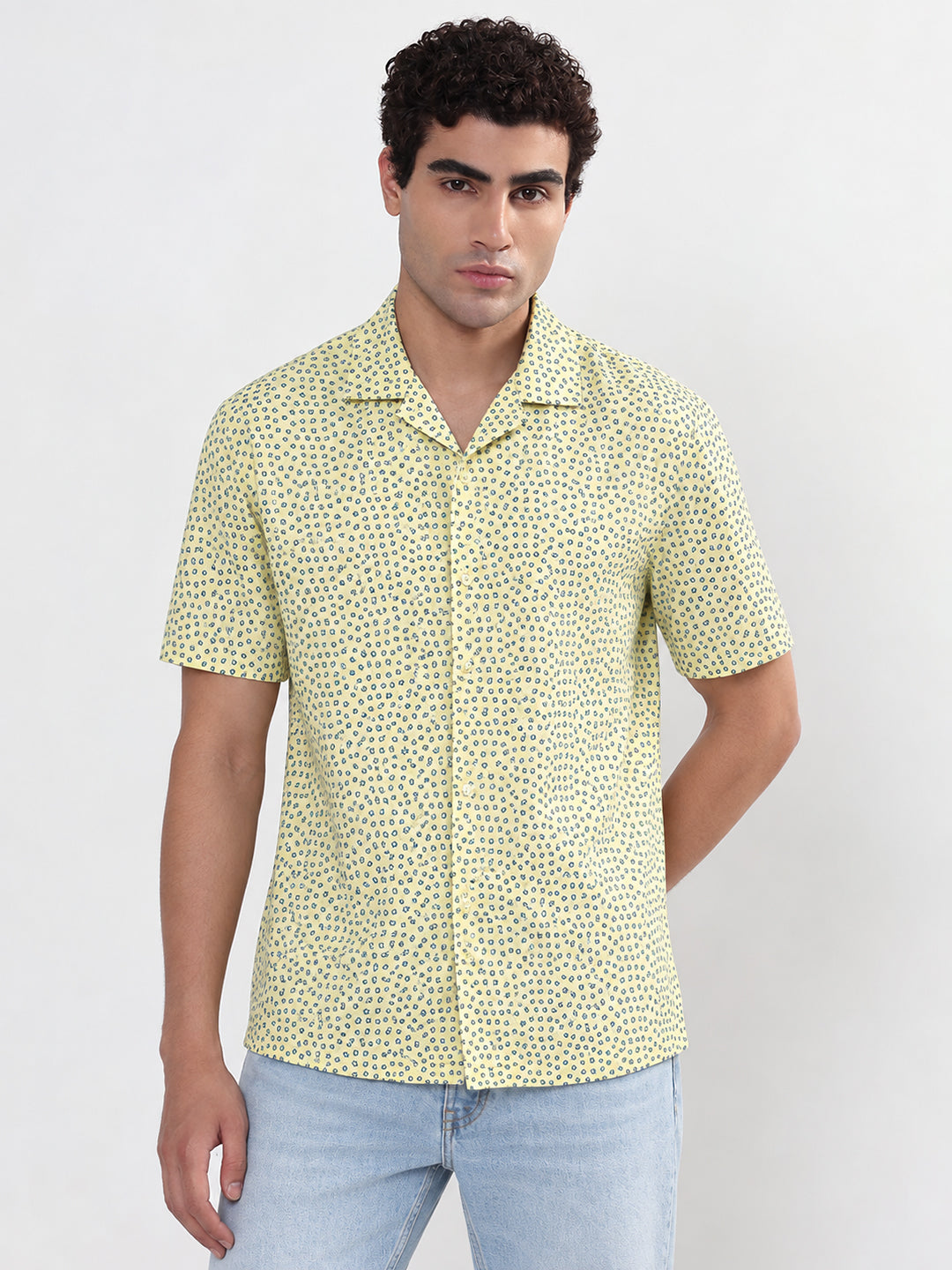 Men’s Floral Printed Yellow Relaxed Fit Cuban Collar Short Sleeves Shirt