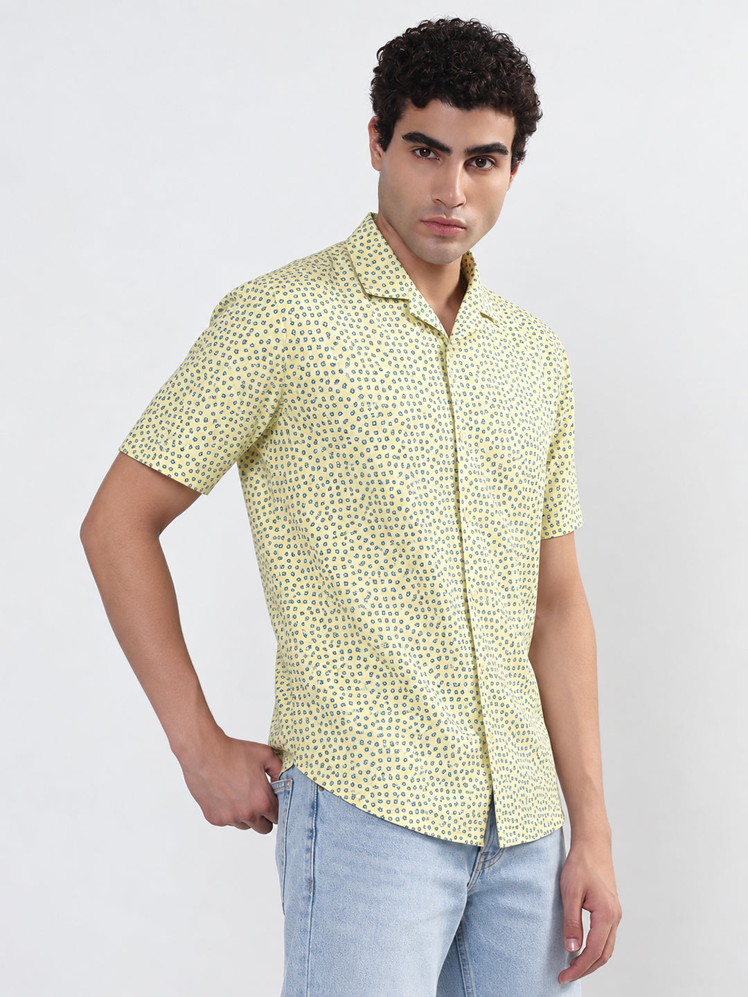 Men’s Floral Printed Yellow Relaxed Fit Cuban Collar Short Sleeves Shirt