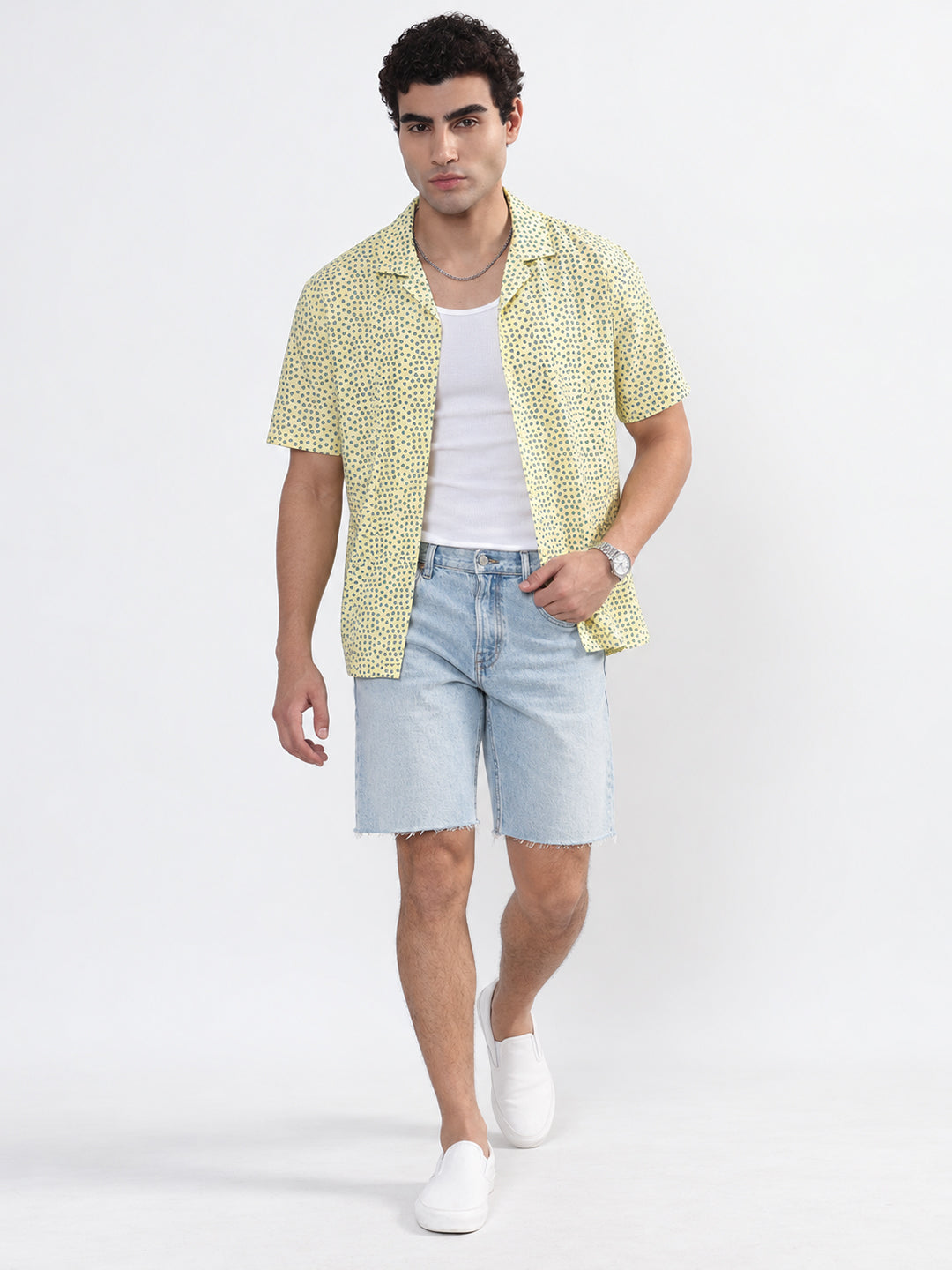 Men’s Floral Printed Yellow Relaxed Fit Cuban Collar Short Sleeves Shirt
