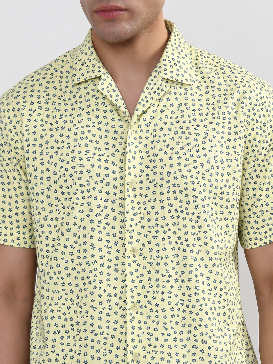 Men’s Floral Printed Yellow Relaxed Fit Cuban Collar Short Sleeves Shirt