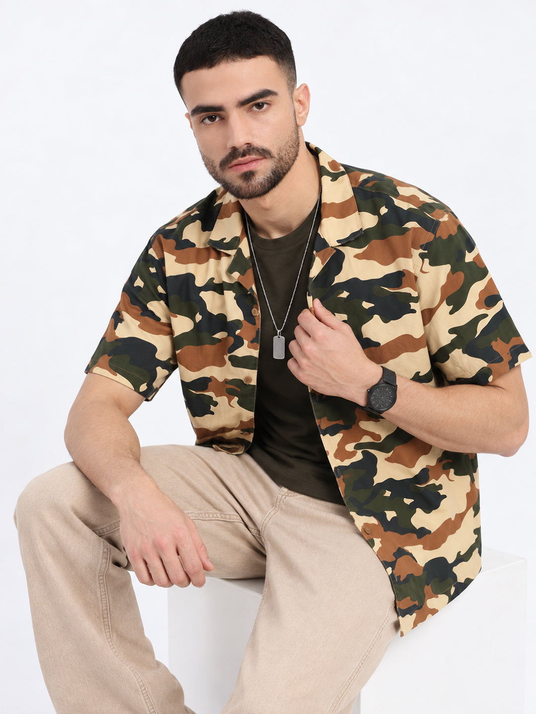 Men’s Camouflage Printed Olive Relaxed Fit Short Sleeves Shirt