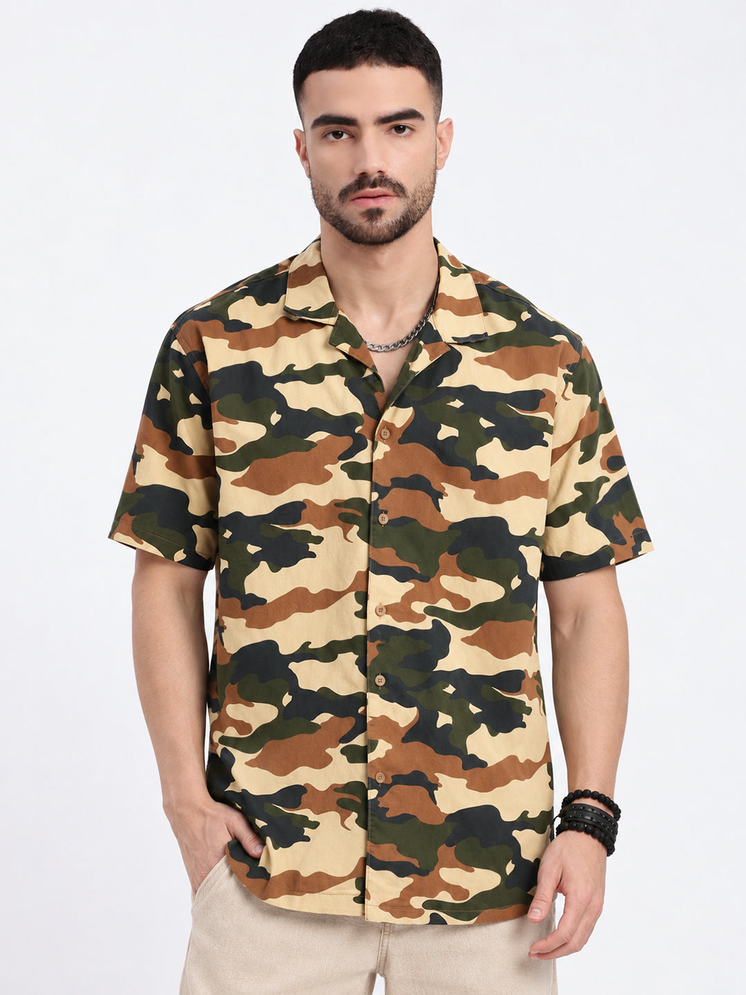 Men’s Camouflage Printed Olive Relaxed Fit Short Sleeves Shirt