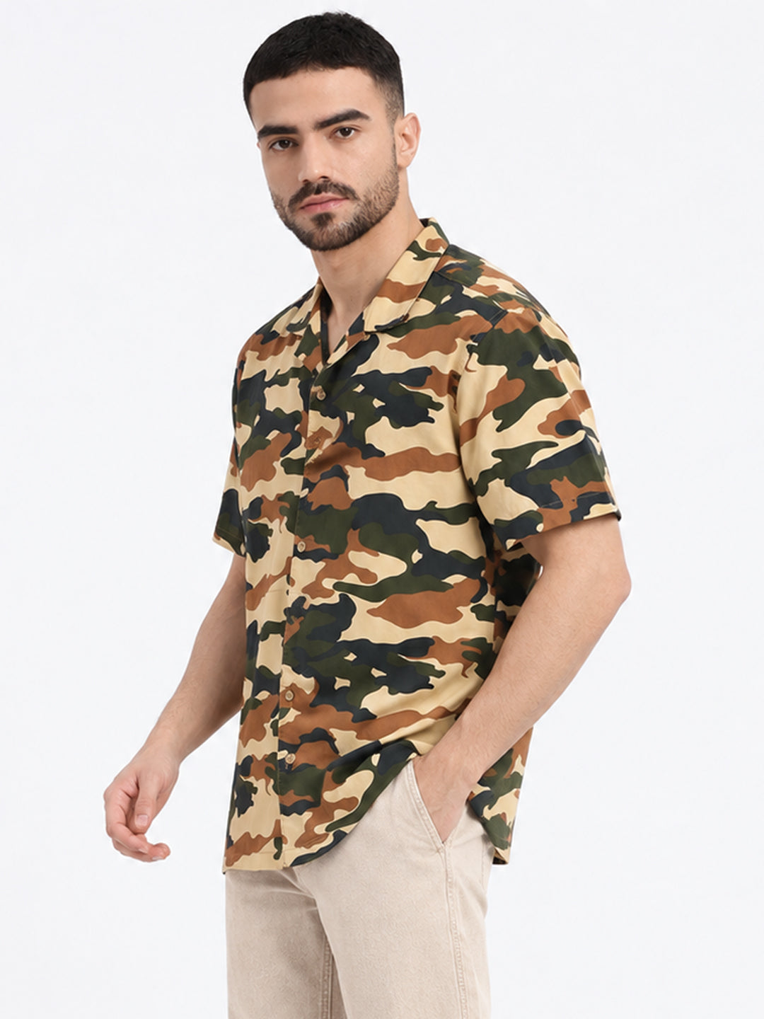 Men’s Camouflage Printed Olive Relaxed Fit Short Sleeves Shirt