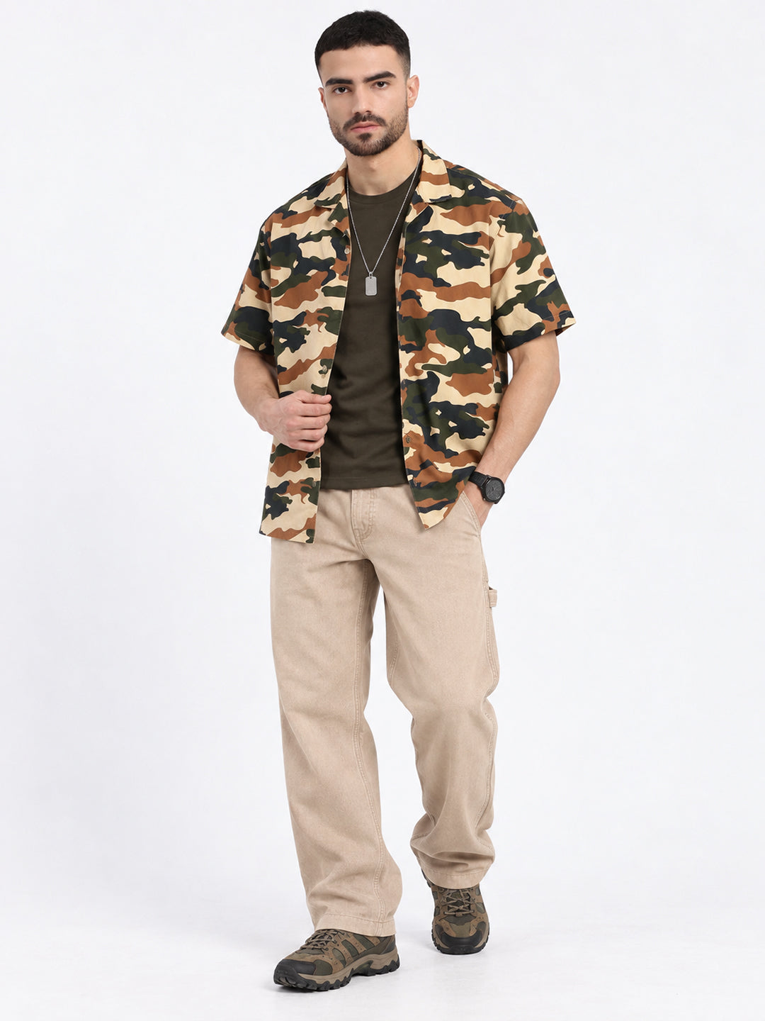 Men’s Camouflage Printed Olive Relaxed Fit Short Sleeves Shirt