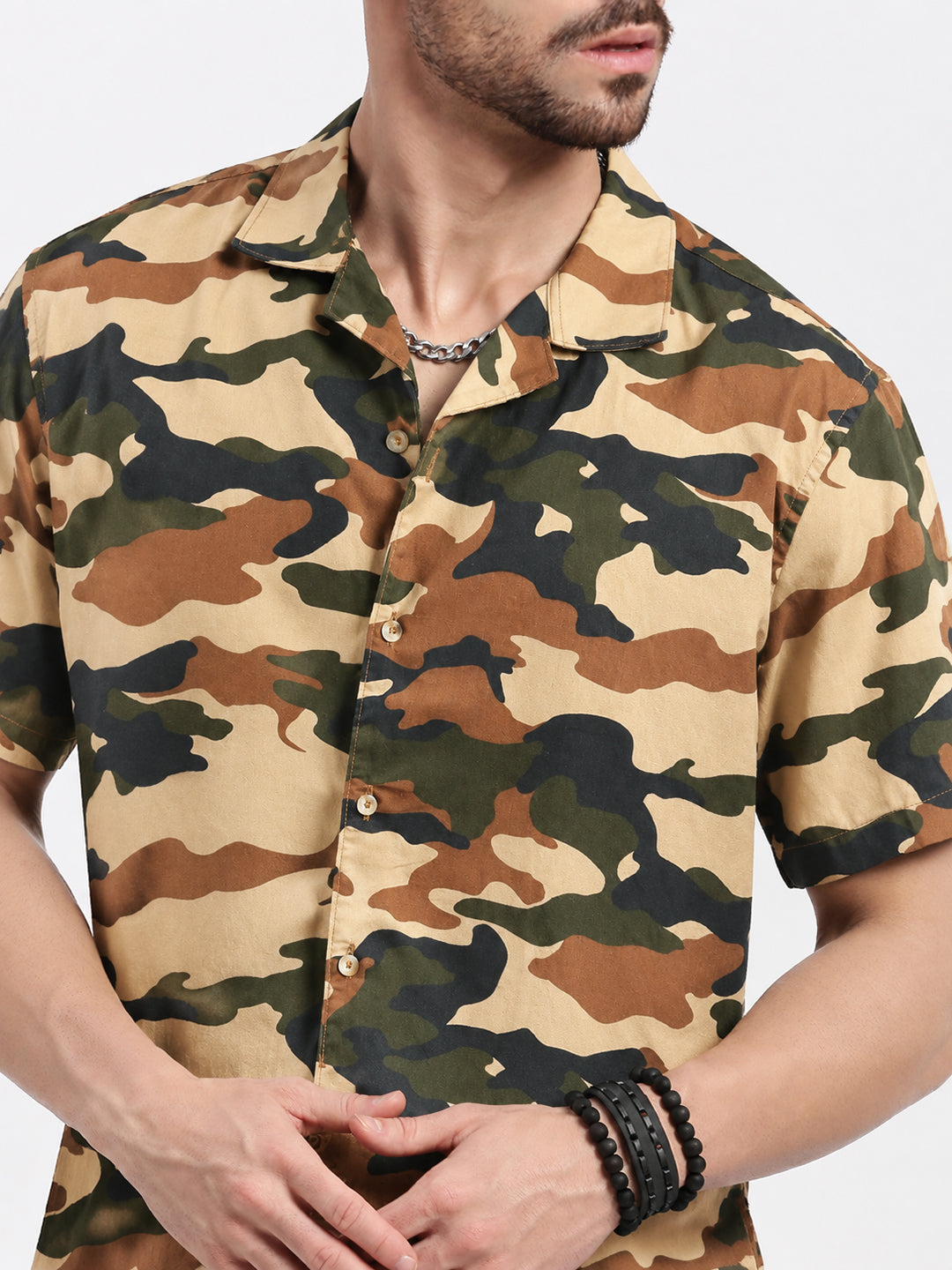 Men’s Camouflage Printed Olive Relaxed Fit Short Sleeves Shirt