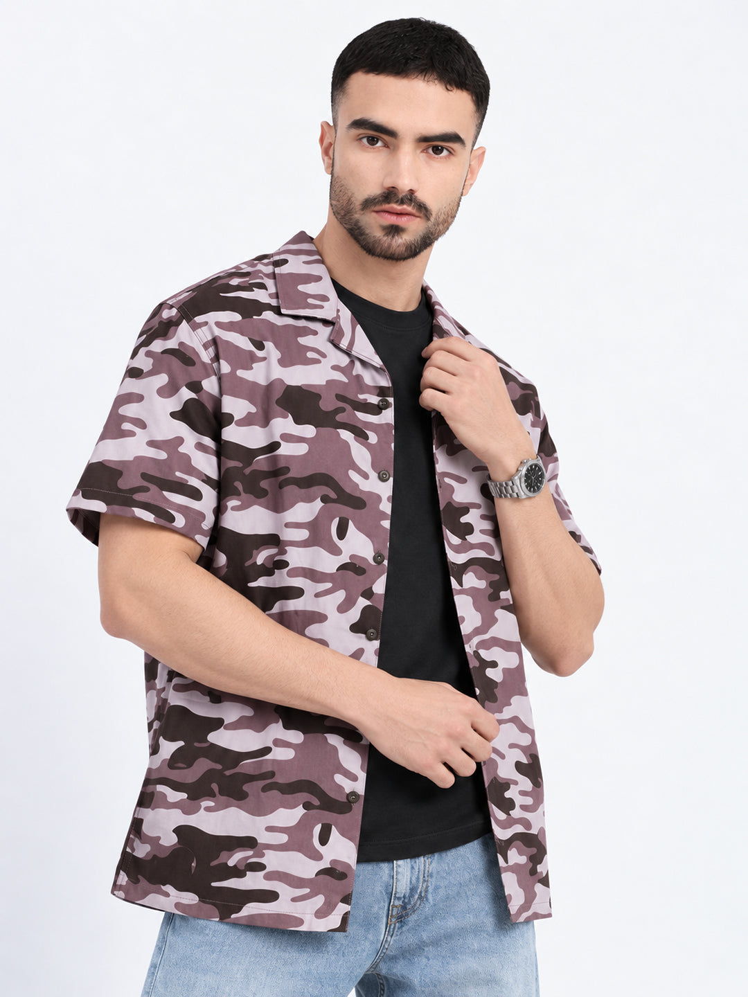 Men’s Camouflage Printed Lavender Relaxed Fit Short Sleeves Shirt