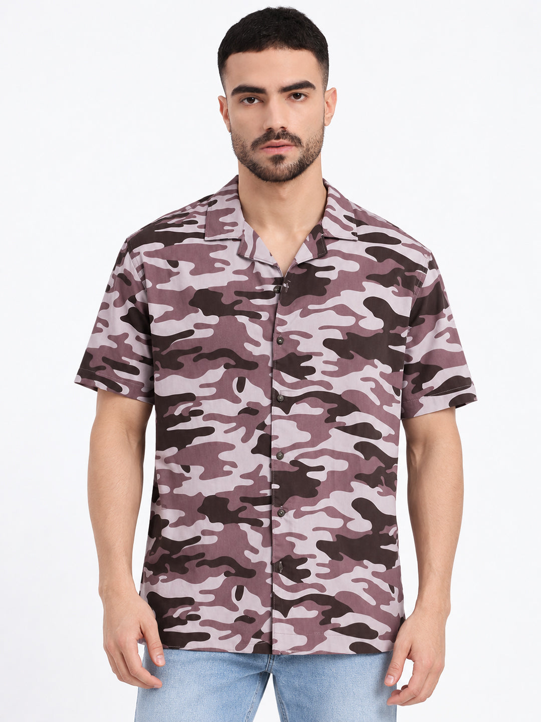 Men’s Camouflage Printed Lavender Relaxed Fit Short Sleeves Shirt