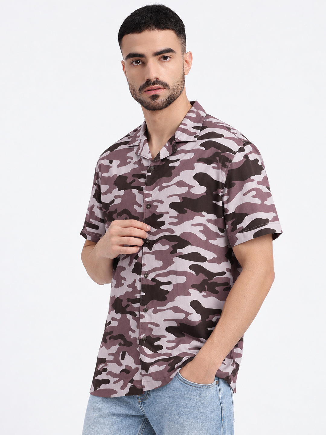Men’s Camouflage Printed Lavender Relaxed Fit Short Sleeves Shirt