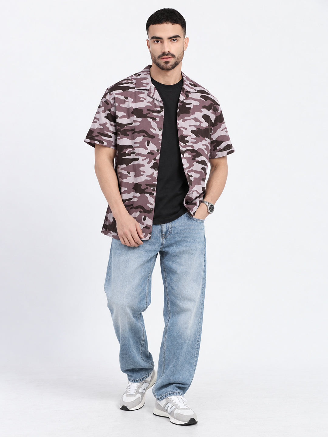 Men’s Camouflage Printed Lavender Relaxed Fit Short Sleeves Shirt