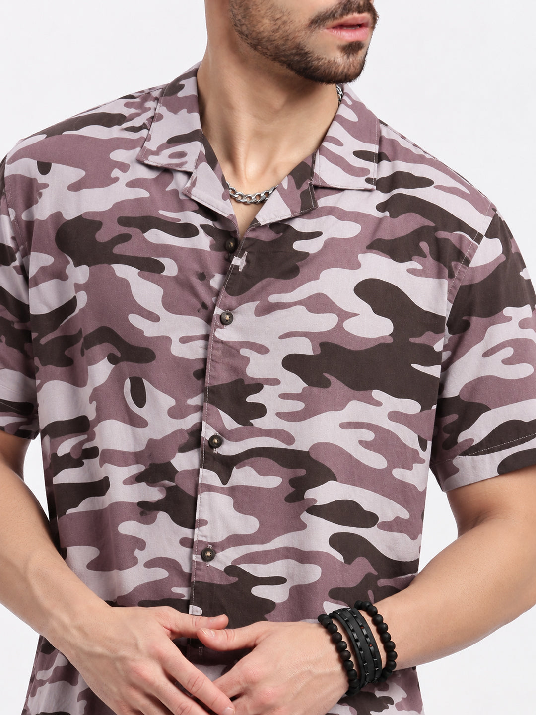 Men’s Camouflage Printed Lavender Relaxed Fit Short Sleeves Shirt